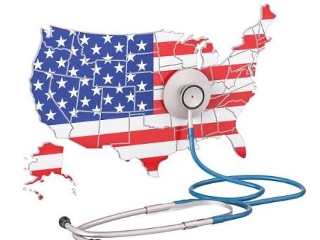 A stethoscope resting on a map of the United States